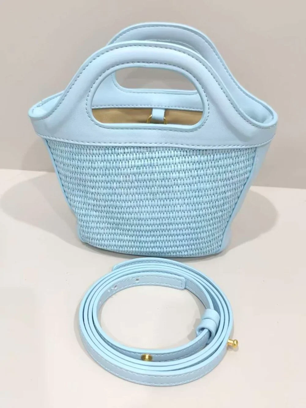 Marni Mini Light Blue Raffia Basket Tote Bag Removable Crossbody Strap
